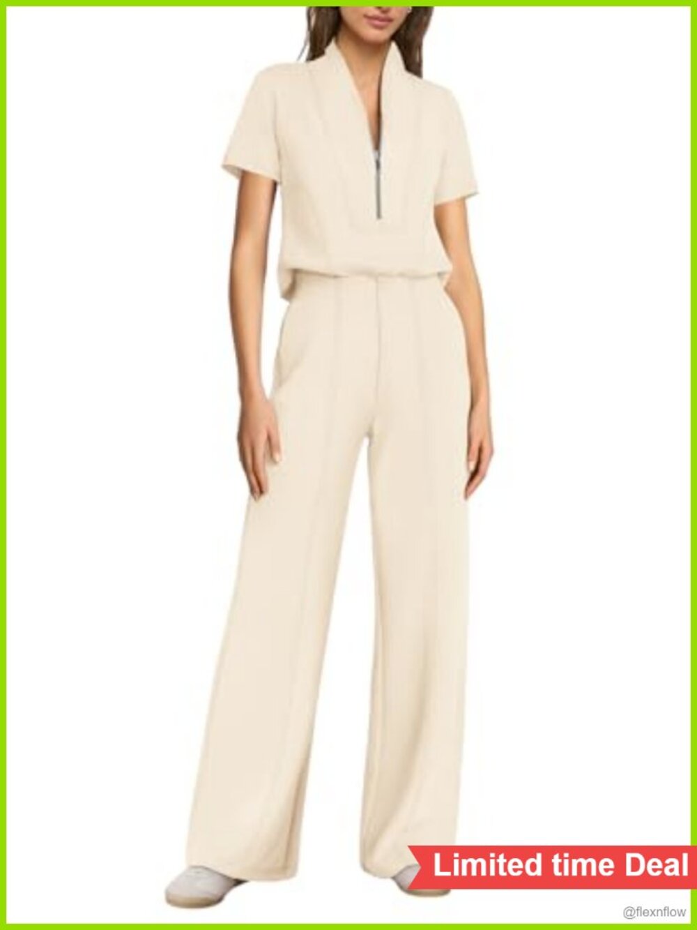Womens Dressy Short Sleeve Jumpsuit with Pockets Wide Leg Half Zip